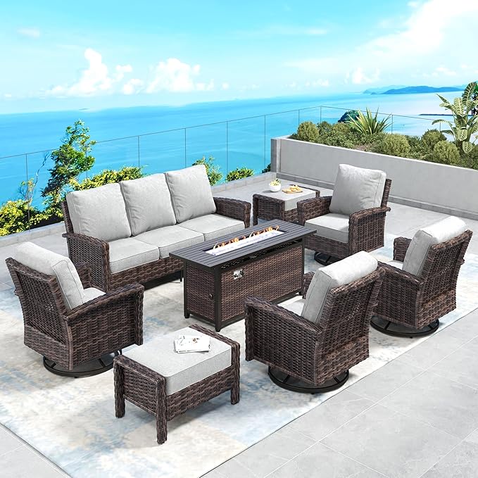 Patio Furniture Set with Swivel Chairs, High Back Wicker Rattan Set with 5.5" Thick Cushions, Fire Pit Table and Ottomans, All Weather Outdoor Conversation Set for Backyard Deck,9 Seats, Light Grey