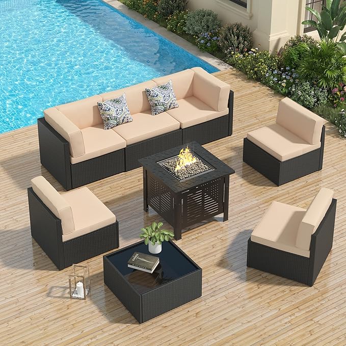 U-MAX 7 Piece Outdoor Patio Furniture Set with 30 Inch Fire Pit Table, PE Rattan Wicker Sofa Set, Outdoor Sectional Furniture Chair Set with Cushions and Tea Table, Black Rattan&Beige Cushion