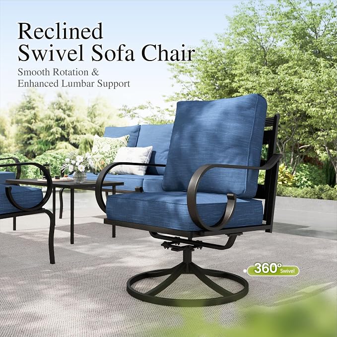 Sophia & William Patio Conversation Set for 5, 3-Seater Sofa, 2 Swivel Chairs and a 45" Fire Pit Table, Metal Outdoor Furniture with 5.75" Extra Thick Cushions, Navy