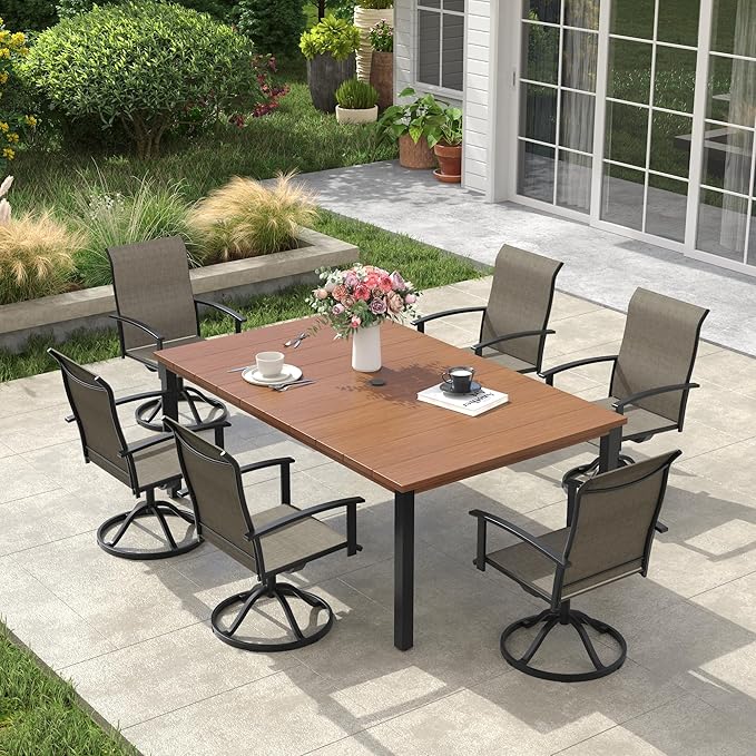 VICLLAX 7 Pieces Patio Dining Set, Patio Furniture Set of Metal Outdoor Table with Umbrella Hole and 6 Swivel Patio Chairs for Backyard Lawn, Mixed Brown & Walnut