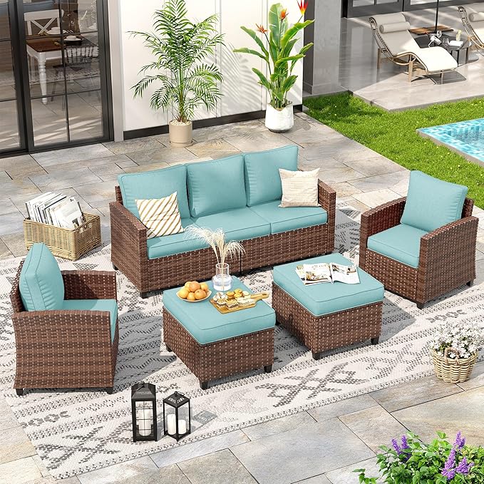 Patio Furniture Set, 5 Pieces Outdoor Sectional Couch with Chairs, Ottomans and Thick Cushions, All Weather Wicker Rattan Patio Conversation Set, Light Blue
