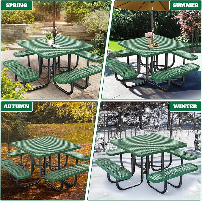 46IN Square Metal Picnic Table Set with Umbrella Hole and 4Benches for Outdoor, Expanded Heavy Duty Metal Commercial Grade Patio Dining Furniture for Yard Patio Lawn Party Coffee, Green