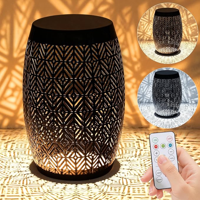 18" Cutout Metal Outdoor Side Table with 3-Mode LED Lights, Modern Decorative Drum End Table, Versatile Coffee Table/Garden Stool/Night Stand/Plant Stand for Patio, Living Room, Bedroom