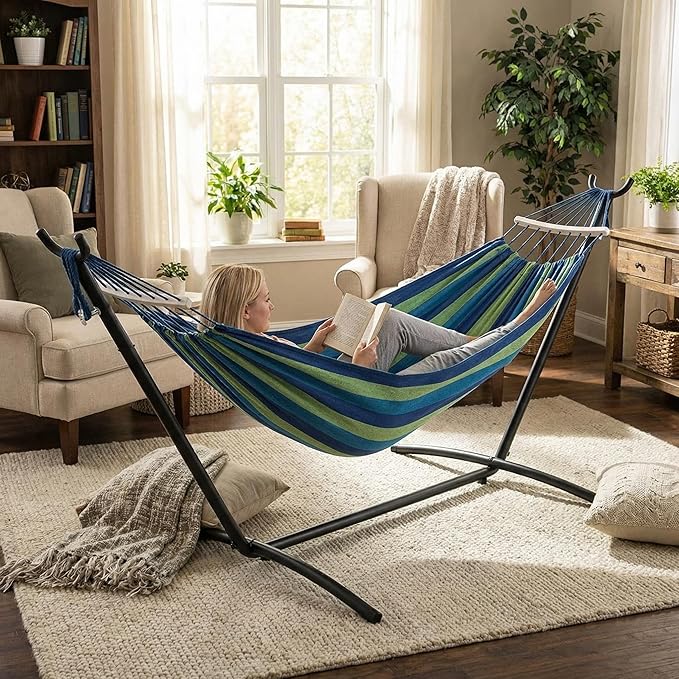 Hammock Chair Outdoor with Stand - Heavy Duty 500LB Capacity Portable Hanging Swing Chair for Patio, Garden, Backyard, Camping -Polyester Blend with Adjustable Steel Frame & Carry Bag