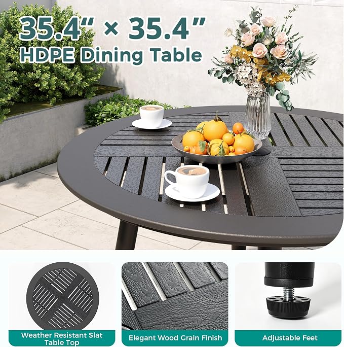 Pamapic 5-Piece HDPE Round Outdoor Dining Set, All-Weather Patio Furniture Set with Powder-Coated Iron Frame, Outdoor Table & 4 Stackable Chairs for Garden, Backyard, Poolside, Deck