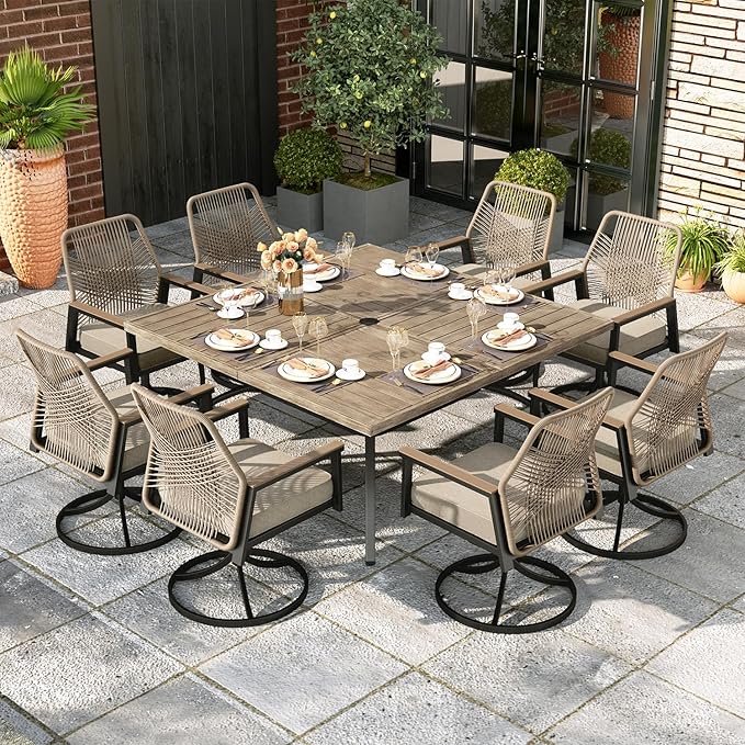 MIXPATIO 9 Pieces Outdoor Patio Dining Set, Wicker Patio Table and Chairs Set of 8, Swivel Wicker Chairs with 3.2" Cushion and Wood-Like Square Table with Umbrella Hole for Yard, Porch, Beige