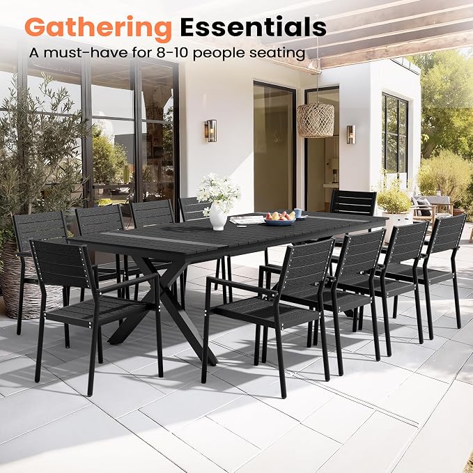Pellebant 94" Outdoor Dining Table for 8-10, 8ft Aluminum Patio Table with Umbrella Hole, Weather Resistant Black Wood Grain Tabletop and Sturdy Frame for Deck, Porch, Backyard