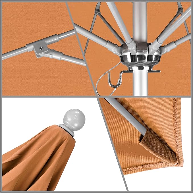 California Umbrella 9' Round Aluminum/Fiberglass Umbrella, Push Open, Silver Pole, Sunbrella Tuscan Fabric