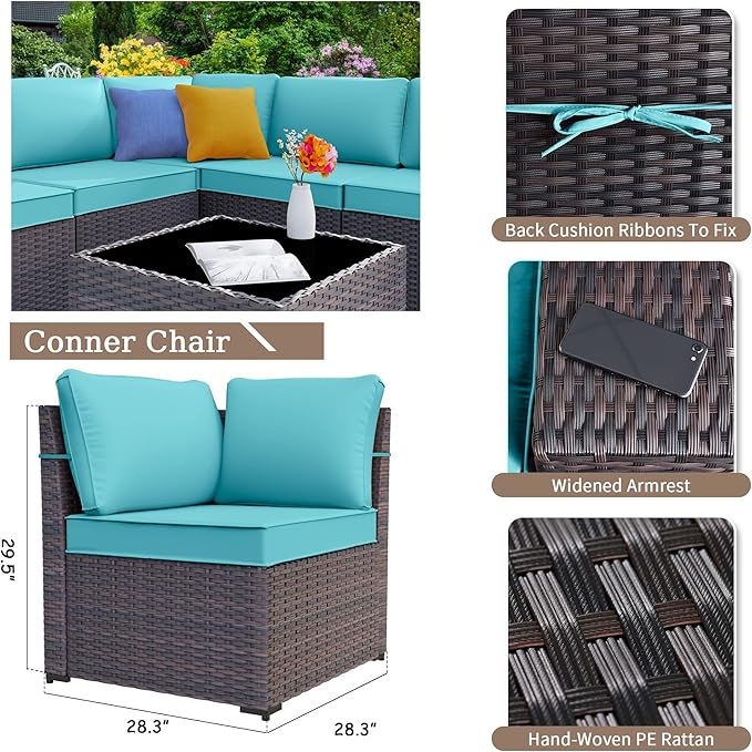 Patio Furniture Sectional Sofa Set 13PCS PE Rattan Patio Conversation Set w/43in Gas Fire Pit Table, Outdoor Furniture with 55000 BTU Propane Fire Pit, Blue