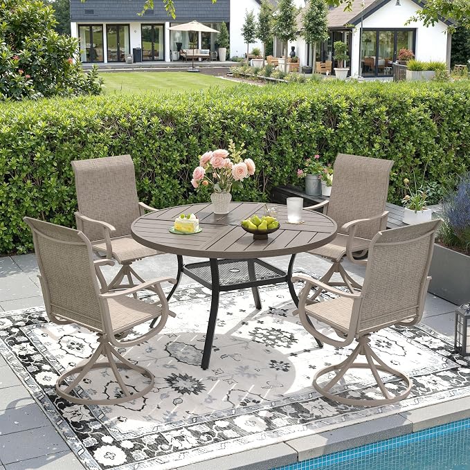 DIFY Patio Table and Chairs Set for 4, 5 Piece Outdoor Dining Set, 40.6" Grey Wood-Like Round Metal Dining Table with Umbrella Hole and 4 Sandshell Textilene Swivel Patio Chairs, for Garden Backyard