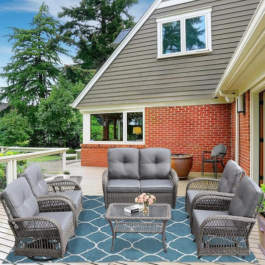 7-Piece Wicker Patio Furniture Sets Outdoor All-Weather Rattan Conversation Set Includes Glider Loveseat, 2 Glass-Top Coffee Tables, 2 Swivel-Gliders Chairs for Porch Backyard, Gray