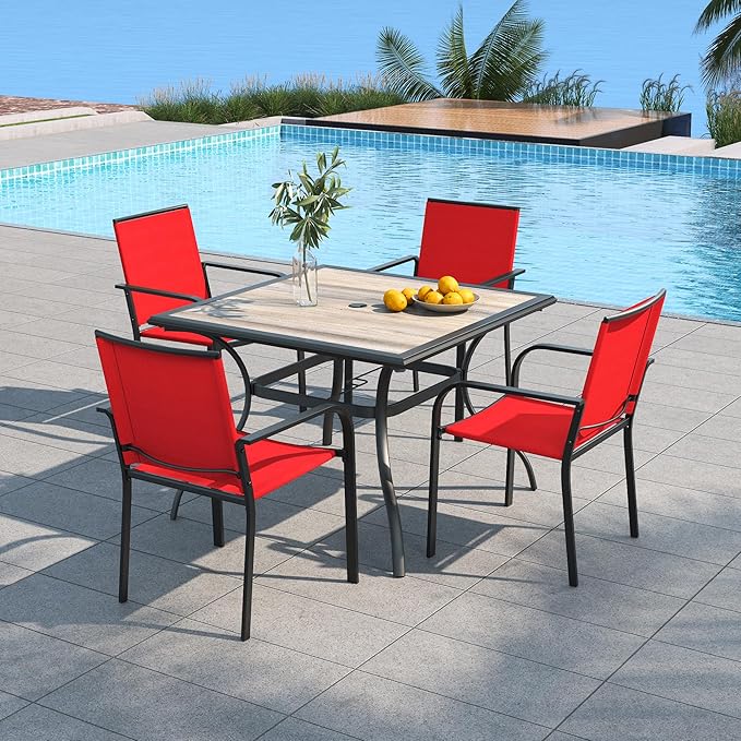 Anmutig 4 Person Outdoor Patio Dining Table and Chairs Set of 4 with 37" Wood-Like PVC Square Table, Cherry Red Stackable Chairs - 5 Piece