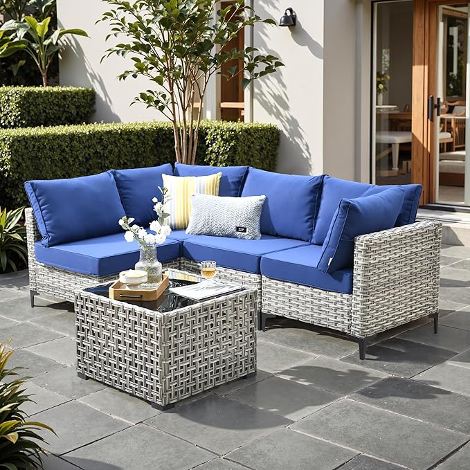 Outdoor Patio Furniture Sets,5 PCS Patio Conversation Set Outside Rattan Sectional Sofa with Coffee Table Fit Backyard Porch Garden Poolside Balcony