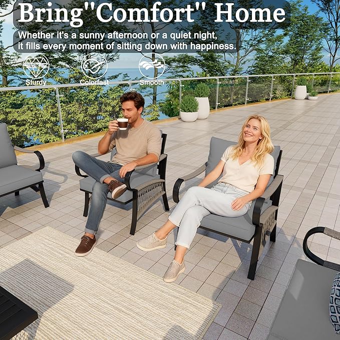 5 Pieces Patio Conversation Sets, All Weather Metal Outdoor Furniture Set with Sectional Sofa Loveseat Couch for Backyard Garden Deck Porch Poolside (Gray Cushions)