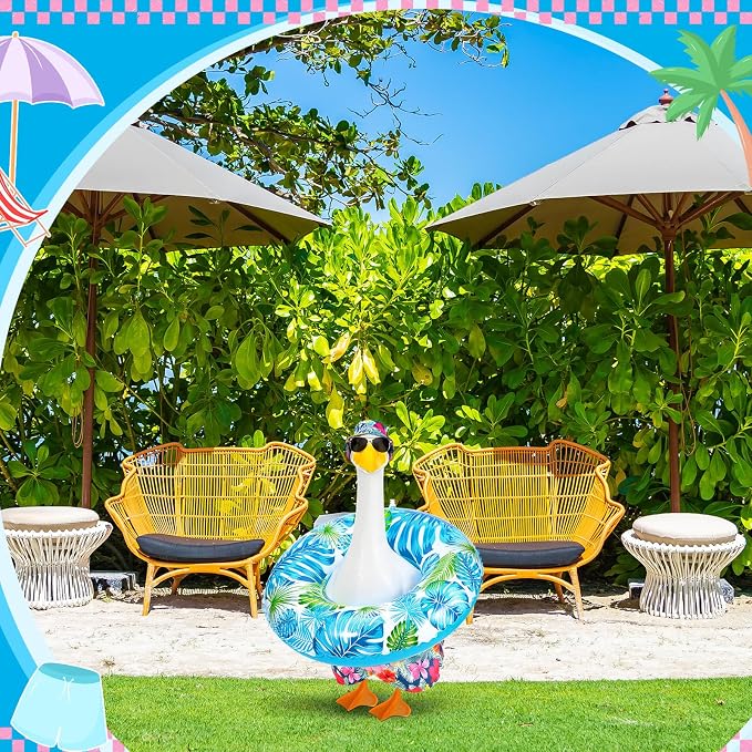 Summer Goose Outfits Porch Goose Hawaiian Outfit Swimming Goose Clothes with Swim Trunks Sun Hat Sunglasses Swim Ring for 23'' Geese Statue Spring Summer Decor (Colorful Tropical Floral)