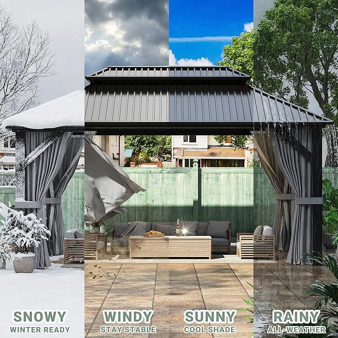 AirWire 10'x14' Gazebo Hardtop Gazebo, Aluminum Frame Pergola with Double Galvanized Steel Roof, Permanent Outdoor Metal Canopy with Curtain & Netting for Patio, Backyard, Deck, Dark Grey