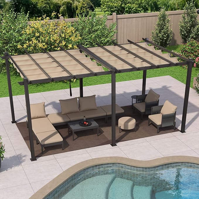 PURPLE LEAF 12' X 18' Outdoor Retractable Aluminum Pergola with Sun Shade Canopy Patio Metal Porch Garden Pavilion Grill Gazebo Modern Backyard Grape Trellis Pergola, Beige