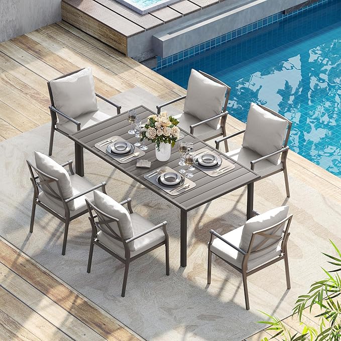 HAPPATIO Patio Dining Set, Metal Outdoor Table and Chairs Set for 6, Powder-Coated Metal Chairs with Thickened Cushions, 60" Rectangular Table with 1.5" Umbrella Hole for Deck Backyard Lawn