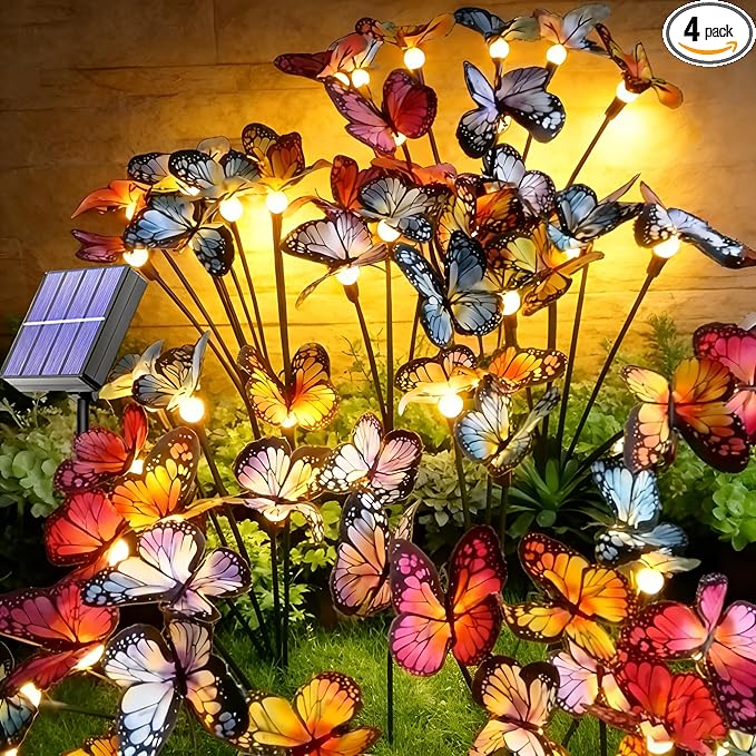 Solar Butterfly Ligths Outdoor 4 Pack 32LED Solar Power Garden Lights Firefly Butterfly Swaying Light 8 Modes Realistic Butterflies Decor for Yard Outside landscaping Patio Pathway Decorations, Warm
