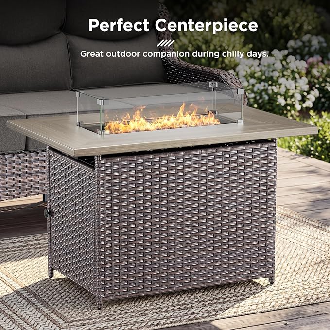 Luxury High Back Outdoor Furniture with 6-inch Extra Thick Cushions, Patio Furniture Set with Fire Pit Table & Swivel Chairs, 9 PCS Wicker Conversation Set for Yard, Deck, Poolside, Brown/Grey
