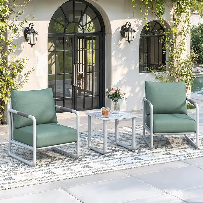 Outdoor Aluminum Patio Furniture Set, 3 Pieces Conversation Set with 6.5 Inch Cushions and Coffee Table, All-Weather Rust-Resistant Frame Conversation Set for Porch, Garden, Backyard, White