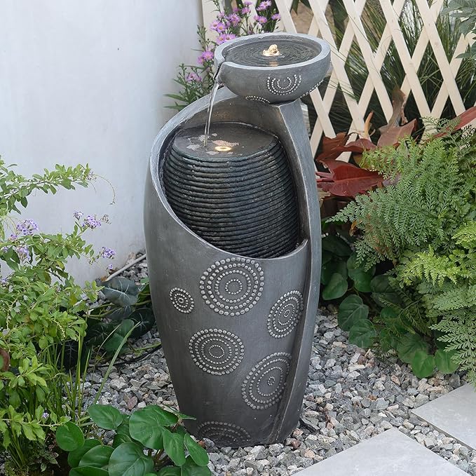 Outdoor and Indoor Water Fountain with Golden LED lights, Resin Curved Upright Zen Water Fountains for yard, Patio or living Room, Electric Pump and Extended Power Cord Included, Grey, 31.7''H