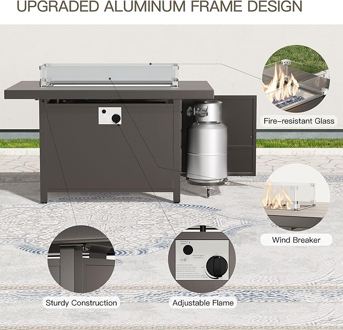 Aluminum Patio Furniture Set with 55,000 BTU Propane Fire Pit Table, 8 Seats Metal Modern Outdoor Furniture w/5.1" Cushions, Sectional w/Swivel Chairs for Backyard, Dark Grey