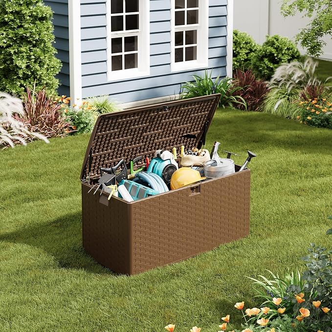 Takywep 100 Gallon Outdoor Storage Box, Waterproof Resin Deck Box with Lockable Lid, UV-Resistant Storage Bench for Patio Cushions, Garden Tools, Outdoor Furniture & Package Delivery Brown