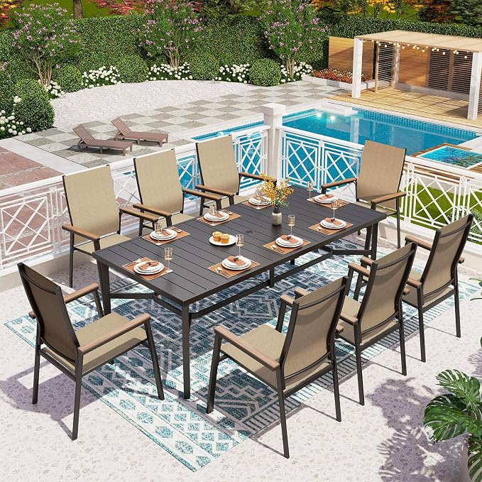 PHI VILLA Outdoor Dining Set for 8 w/Metal Table & Aluminum Chairs, Beige | Stackbale chairs, Breathable & quick-drying, Light-weight & space-saving, Rectangular Table, Umbrella Hole, Patio deck
