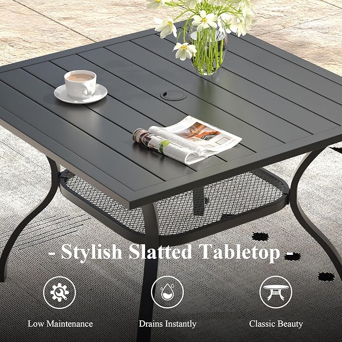 5 Pieces Outdoor Dining Set, Stackable Textilene Paito Chairs & 37.8" Square Dining Table with Umbrella Hole and Shelf, Patio Dining Set for Backyard, Deck, Garden, Grey & Black