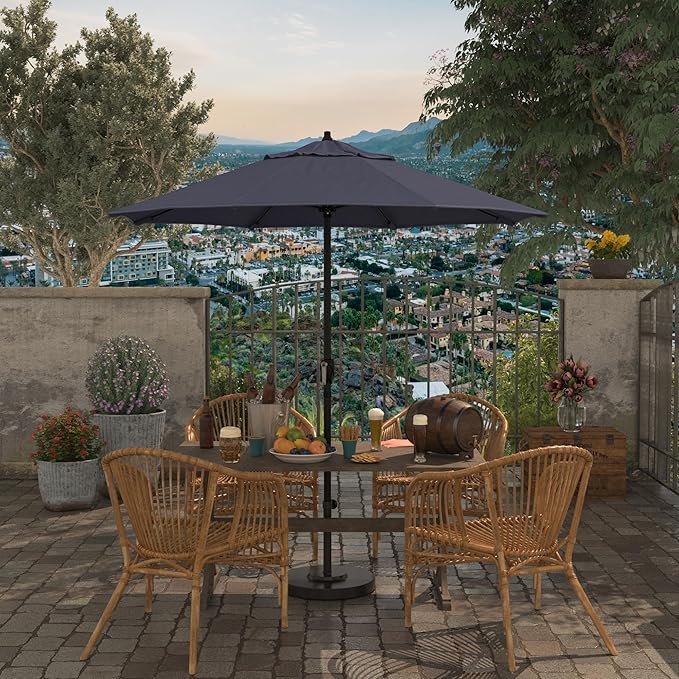 California Umbrella 7.5' Rd Aluminum Patio Umbrella, Crank Lift, Auto Tilt, Black Finish