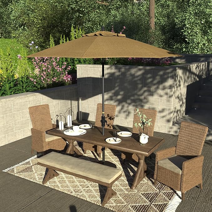 California Umbrella 9' Rd. Crank Lift, Collar Tilt, Aluminum Pole, Fiberglass Rib Patio Umbrella, Hammertone Grey Finish, Sunbrella Linen Sesame