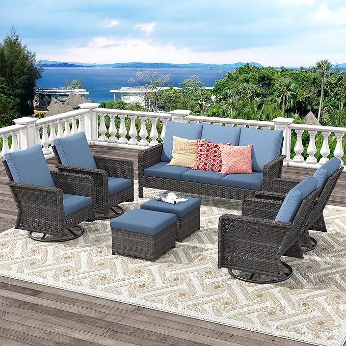 Brafab 9 Seats Outdoor Patio Furniture Set, PE Wicker Swivel Rocking Chairs Conversation Sets with 4.3" Cushion, High Back Sectional Sofa with Gilder Chair for Yard Garden Porch, Blue