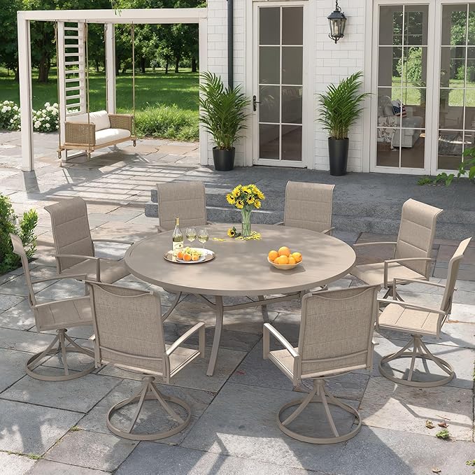 VICLLAX 9 Pieces Outdoor Dining Set, Patio Furniture Set Includes 53" Round Metal Table W/ 1.9" Umbrella Hole and 8 Padded Textilene Swivel Chairs for Porch, Lawn, Garden, Backyard