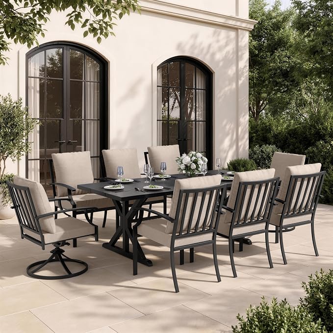 9 Piece Outdoor Dining Set for 8, Metal Patio Table and Chairs with Cushions, Patio Furniture Set with 2 Swivel Chairs, Rectangular Metal Dining Table with Umbrella Hole, Lawn Deck Yard-Sand