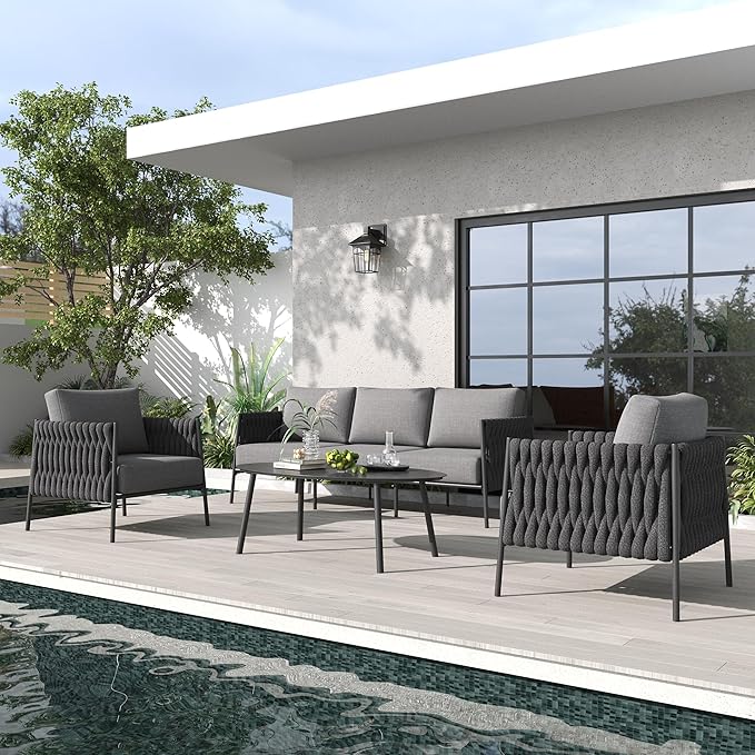 LayinSun 4 Piece Outdoor Furniture Set with Coffee Table, Modern Rope Woven Patio Conversation Sofa Set with Olefin Braid and Deep Seating