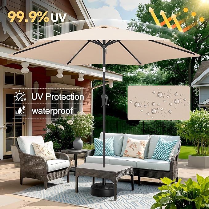 FLAME&SHADE 10ft Patio Umbrella - Outdoor Umbrella with 6 Sturdy Ribs, Push Button Tilt and Crank, UV Protection Table Market Umbrella for Pool, Porch, Garden, Deck, Backyard (Beige)