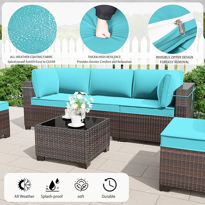 15 Pieces Outdoor Patio Furniture Set,Outdoor Sectional Furniture with 43" 55000 BTU Gas Propane Fire Pit Table,All Weather PE Rattan Wicker Patio Conversation Set,Turquoise Blue