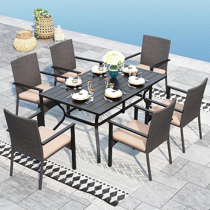 Sophia & William 7 Pieces Patio Dining Set for 6 People, Metal Patio Table and Rattan Chairs Set, Rectangular Outdoor Table and Wicker Chairs, 1.6" -2" Adjustable Umbrella Hole