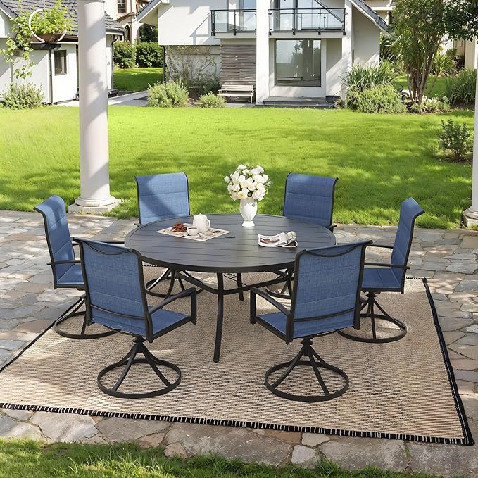VICLLAX 7 Pieces Outdoor Dining Set, Patio Furniture Set Includes 50" Round Metal Table W/ 1.9" Umbrella Hole and 6 Padded Textilene Swivel Chairs for Porch, Lawn, Garden, Backyard