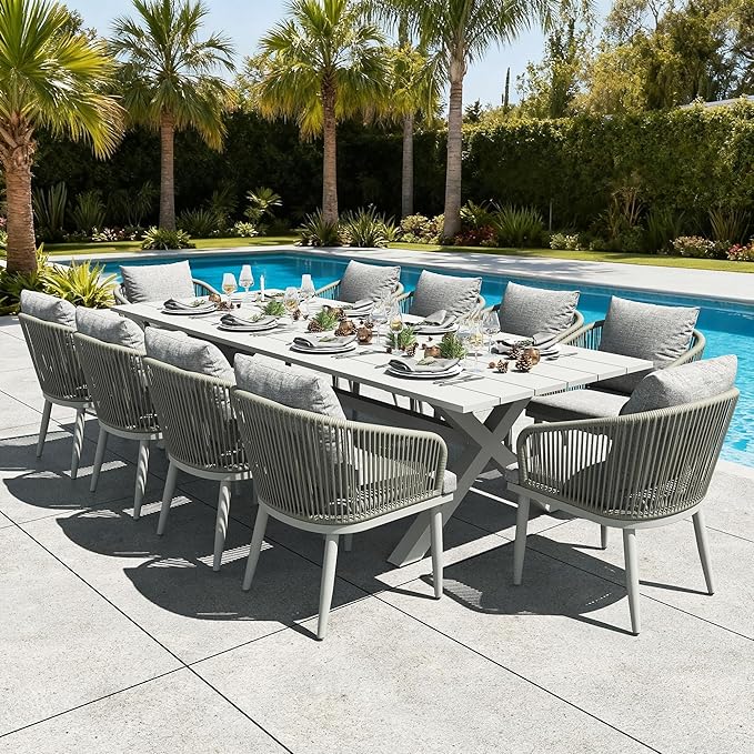 LayinSun 9 Pieces Outdoor Patio Dining Set, Aluminium Rectangular Dining Table and Wicker Rattan Chairs Set for Outside Backyard, Poolside