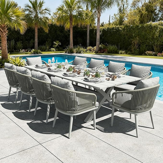 LayinSun 9 Pieces Outdoor Patio Dining Set, Aluminium Rectangular Dining Table and Wicker Rattan Chairs Set for Outside Backyard, Poolside