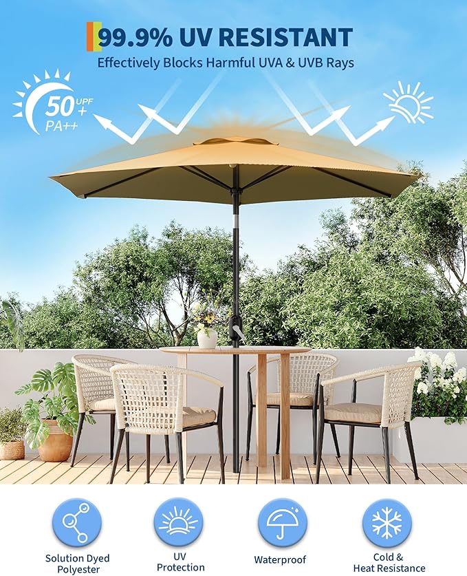 GarveeLife 7.5 ft Outdoor Patio Umbrella, Outdoor Table Umbrella, Market Umbrella With Push Button Tilt and Crank, 6 Sturdy Ribs UV Protection Waterproof for Garden, Deck, Backyard, Pool, Beige
