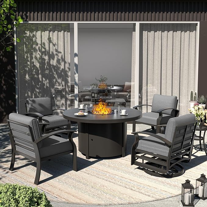 ALAULM Aluminum Patio Furniture Set with 40,000 BTU Round Propane Fire Pit Table 4-seat Metal Outdoor Furniture w/Swivel & Rocking Conversation Set for Patio, Lawn, Poolside（Grey