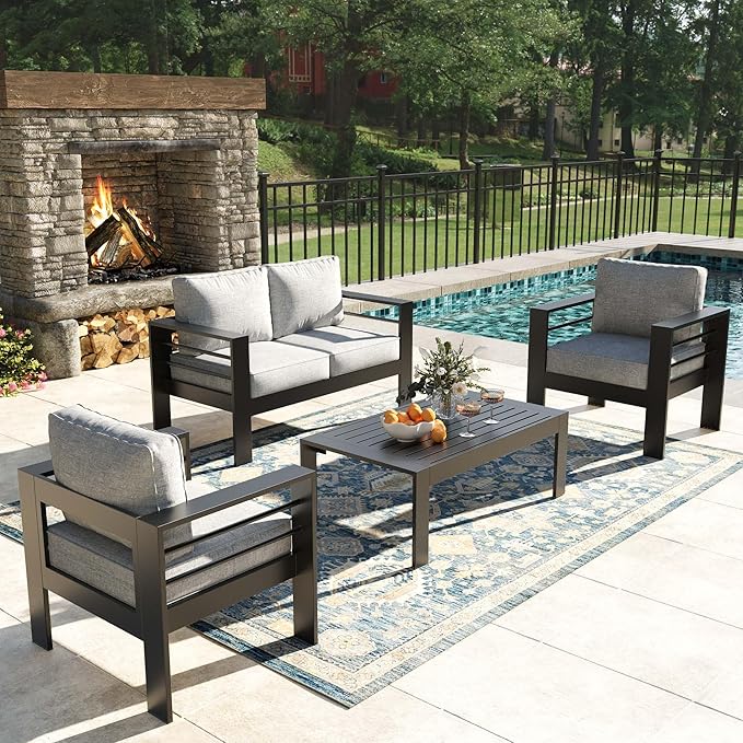 4 Pieces Modern Aluminum Patio Furniture Set, Outdoor Conversation Sets Metal Sectional Sofa with Coffee Table