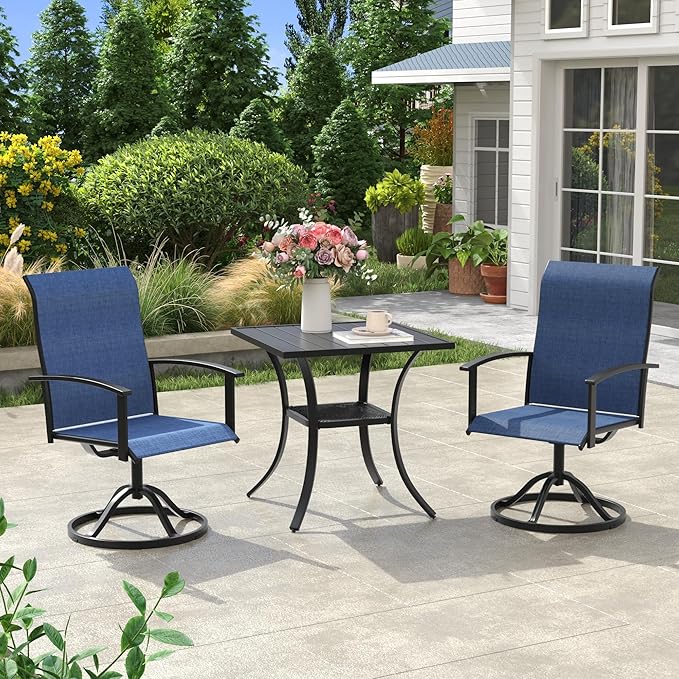 VICLLAX Small Patio Dining Set for 2, Outdoor Table and Chairs Set with 27.5" Metal Square Patio Table & 2 Swivel Outdoor Dining Chairs for Backyard Lawn Porch Garden, Dark Blue & Black