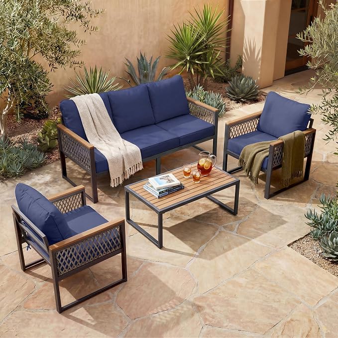 UPHA 4 Pieces Patio Furniture Set, Metal Outdoor Sectional Couch Set with 3-Seat Sofa, 2 Chairs, Coffee Table, Modern Patio Conversation Set for Porch Balcony Deck, 5 Seats, Navy Blue