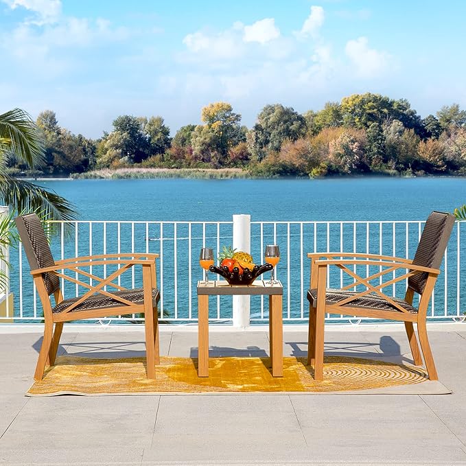 Domi Patio Bistro Set 3 Pieces with Wood Grain Aluminum Wicker Padded Porch Chairs,Coffee Table,Outdoor Conversation Set with Beige Waterproof Pillows
