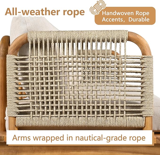 Merax MP2 Set of 2 Outdoor Club Chairs, Acacia Wood & Rope Weave with Water-Repellent Cushions, Patio Conversation Chairs for Garden & Balcony