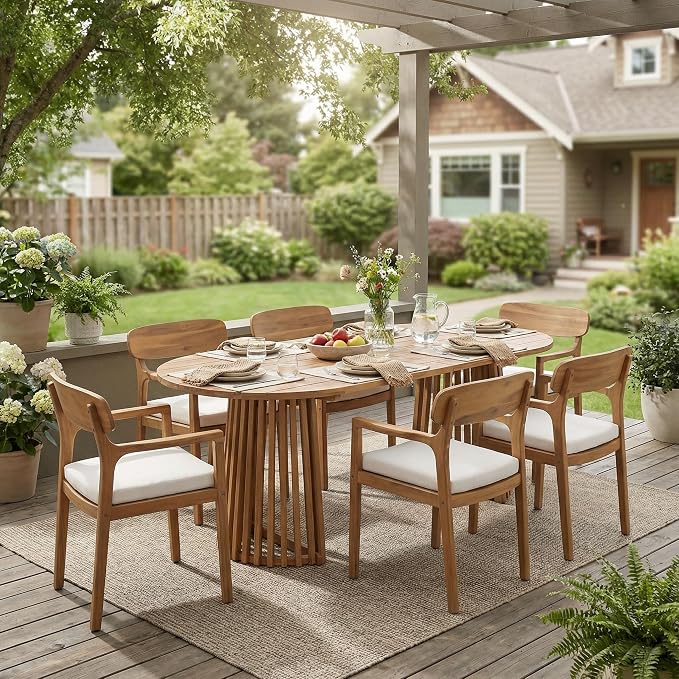 Christopher Knight Home Zoa Acacia Wood Dining Set for 6, Outdoor Dining Table with Dual Slatted Pedestal Bases, Outdoor Dining Chairs with Cushions, 7 Piece Patio Dinner Set, Beige/Teak